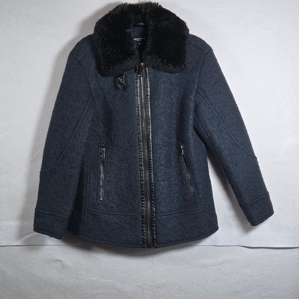 Kenneth Cole New York Wool Blend Moto Jacket S Blue Faux Fur Collar Bouclé Coat